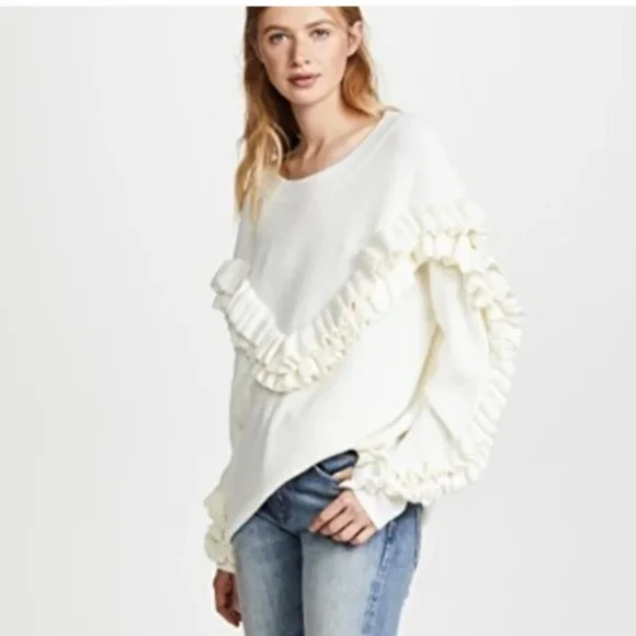 Frame Ruffle Yoke Ribbed Wool Blend Off White Oversized Knit Sweater Size Small - Picture 1 of 8
